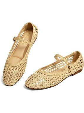Women's Beige Rubber Woven Flats Square Toe Adjustable Strap Comfortable Shoes